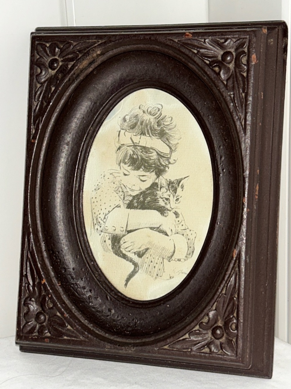 Vintage kitten Girl Hugging Cat ornate floral frame wall art sketch print MCM
